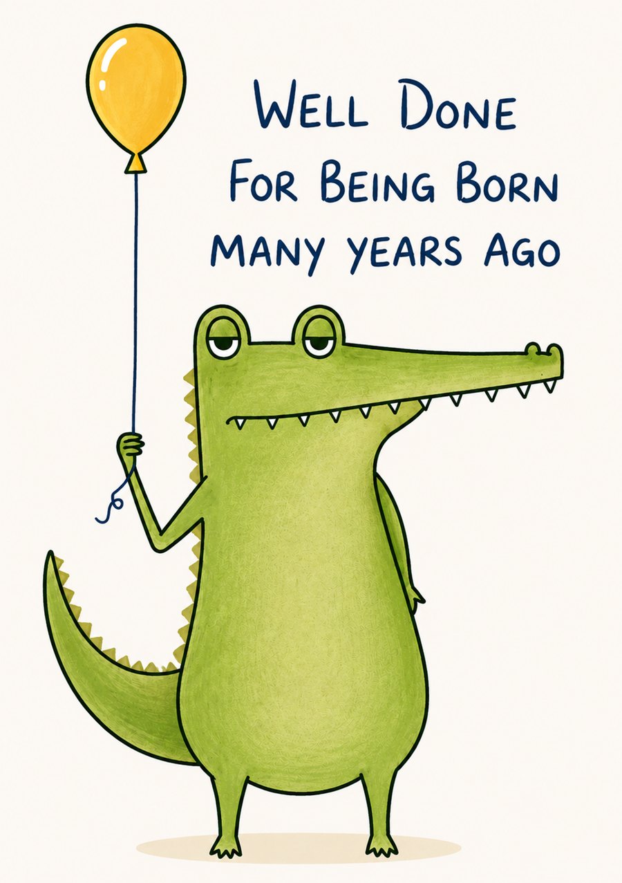 Crocodile card. Well done for being born many years ago.