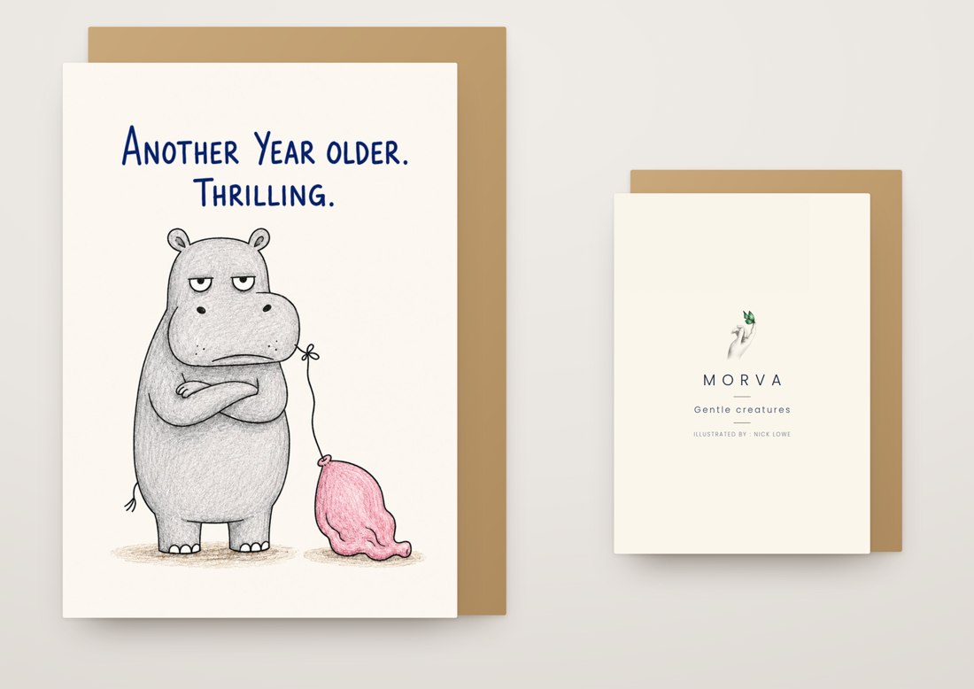 The hippo card with its kraft envelope, front and back